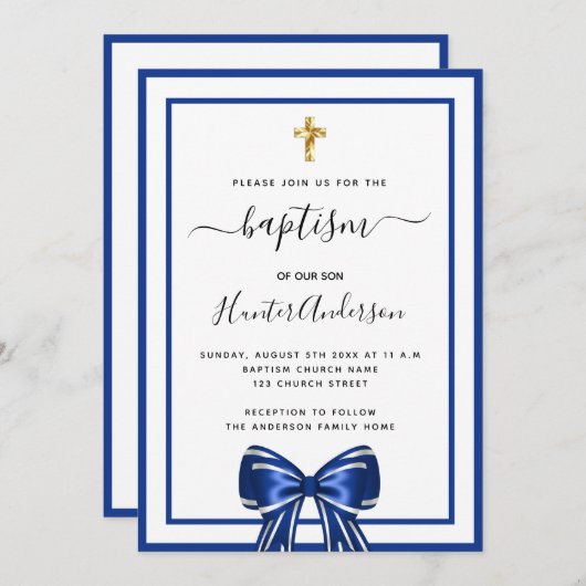 Taufsjunge königsblaue, weiße Bogen-Schrift Einladung (Vorne/Hinten)