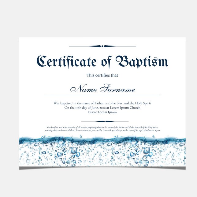 Taufwasser-Kinderweihnahrung (Certificate of Baptism Water Baby Christening)