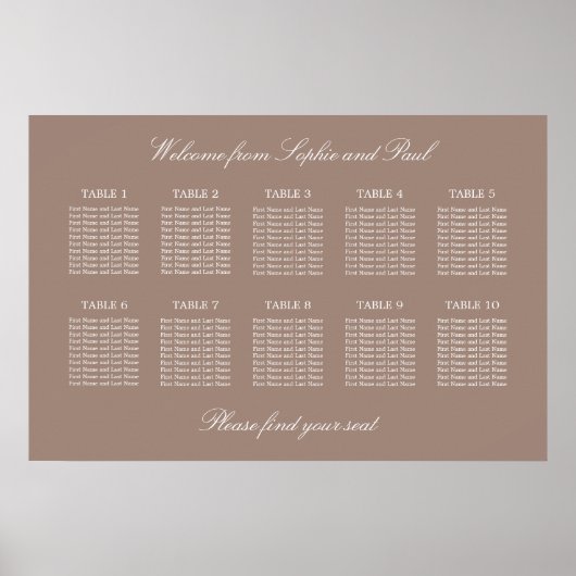 Taupe 10 Table Wedding Seating Chart Poster (Vorne)