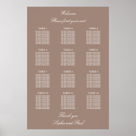 Taupe 12 Table Wedding Seating Chart Poster