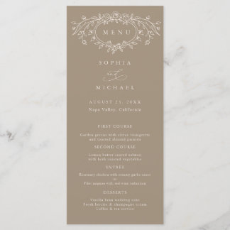 Taupe and Beige Floral Line Art Wedding Flat  Menükarte