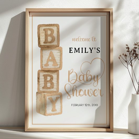 Taupe Baby Blocks Baby Shower Welcome Poster