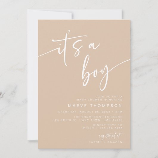 Taupe Baby Dusche Einladung Modern Sein a Boy Tan (Vorderseite)