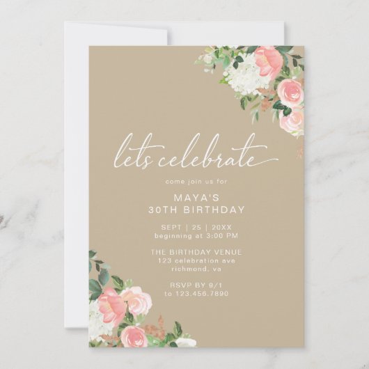 Taupe Beige & Blush Pink | Moderner Blumengeburt Einladung (Vorderseite)