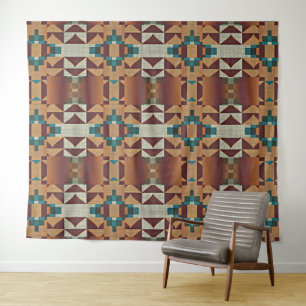 Taupe Beige Brown Aquamarin Blue Green Tribal Art Wandteppich