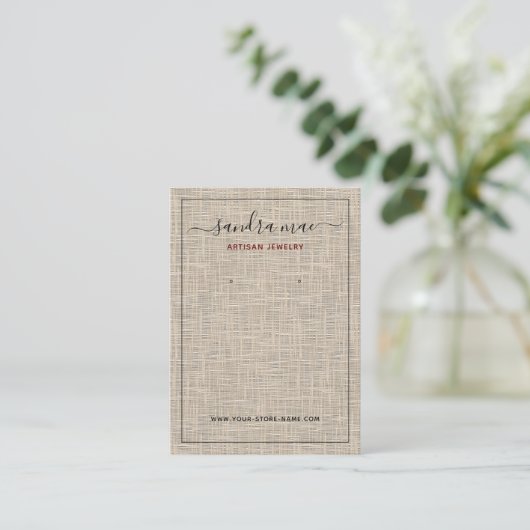 Taupe Beige Linen Texture Juwelier Display Card Visitenkarte (Stehend Vorderseite)