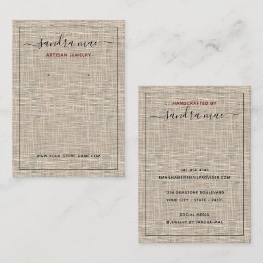 Taupe Beige Linen Texture Juwelier Display Card Visitenkarte (Vorne/Hinten)