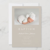 Taupe Beige Moderne Foto Taufe Einladung (Vorderseite)
