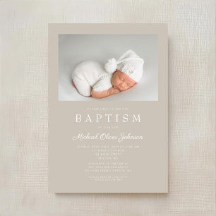 Taupe Beige Moderne Foto-Taufe Einladung