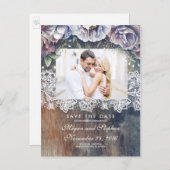 Taupe, Blue und Maroon Floral Save the Date rustik Ankündigungspostkarte (Vorne/Hinten)