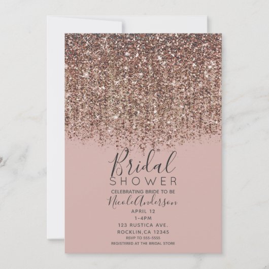 Taupe Blush Pink Bronze Gold Glitzer Brautparty Einladung (Vorderseite)