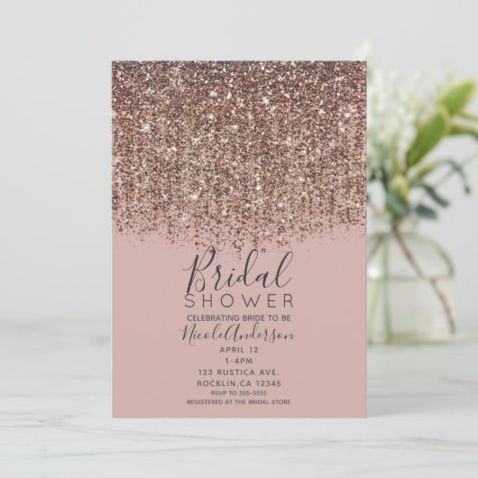 Taupe Blush Pink Bronze Gold Glitzer Brautparty Einladung (Stehend Vorderseite)