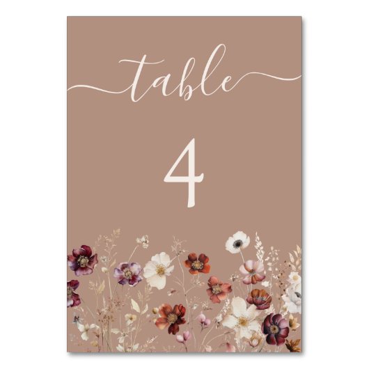 Taupe Boho Fall Wildblume Wedding Tischnummer (Vorderseite)