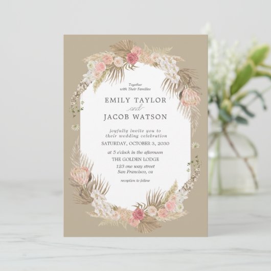 Taupe Boho Floral Wedding Einladung (Stehend Vorderseite)