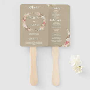 Taupe Boho Floral Wedding Program Hand Fan Fächer