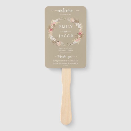 Taupe Boho Floral Wedding Program Hand Fan Fächer (Vorderseite)