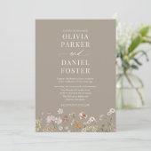 Taupe Boho Wildblume QR Code Foto Wedding Einladung (Stehend Vorderseite)