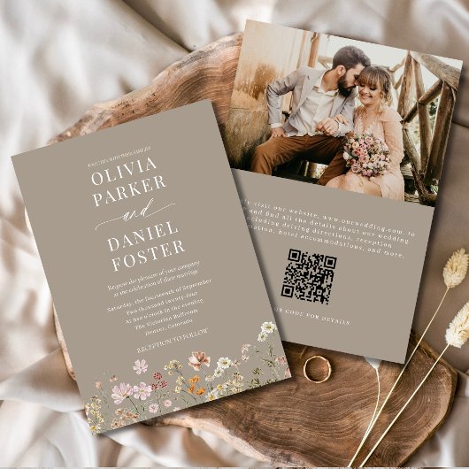 Taupe Boho Wildblume QR Code Foto Wedding Einladung