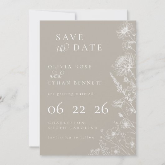 Taupe Botanical Minimal Wedding Save the Date (Vorderseite)