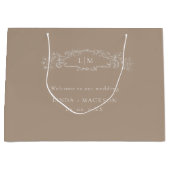 Taupe botanisches Wappen Monogramm Hochzeit Große Geschenktüte (Vorderseite)