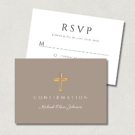 Taupe Boy Religious Cross Confirmation RSVP Karte