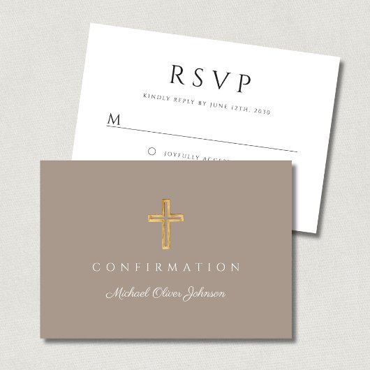 Taupe Boy Religious Cross Confirmation RSVP Karte