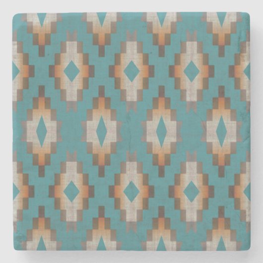 Taupe Brown Blue Aquamarin Orange Tribal Art Muste Steinuntersetzer (Vorderseite)