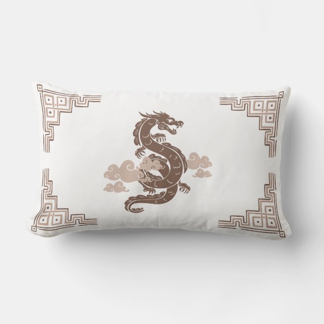 Taupe Brown Chinoiserie Dragon and Clouds Lendenkissen (Vorderseite)