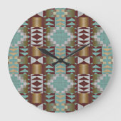 Taupe Brown Turquoise Aqua Blue Tribal Muster Große Wanduhr (Vorderseite)