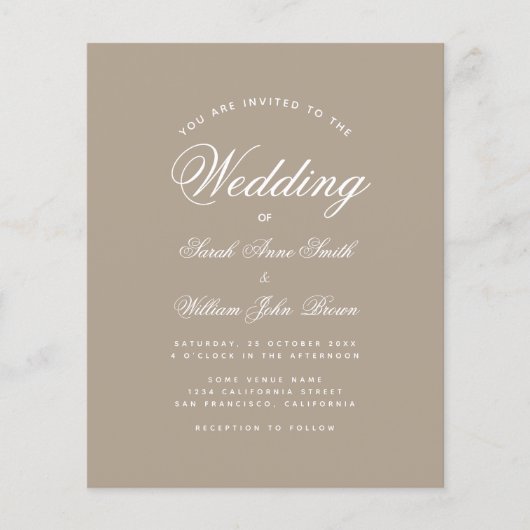 Taupe Budget Simple Calligraphy Wedding Einladung (Vorderseite)