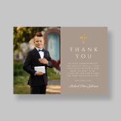 Taupe Cross Boy First Communion Foto Dankeskarte