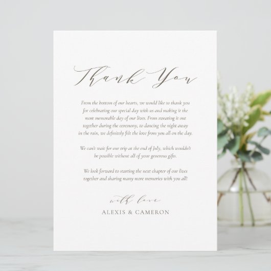 Taupe Dainty Script Wedding Dankeschön Karte (Stehend Vorderseite)