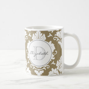 Taupe-Damast-mit Monogramm Tasse