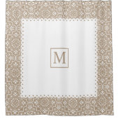 Taupe Damast Muster weiß Rahmen und Monogramm Duschvorhang (Vorderseite)