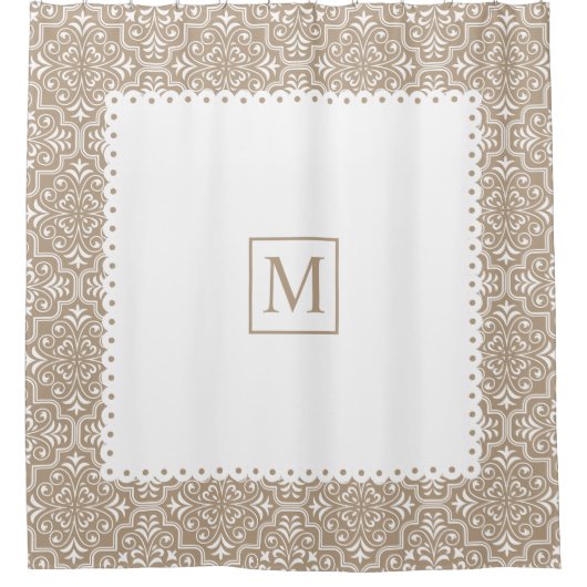 Taupe Damast Muster weiß Rahmen und Monogramm Duschvorhang (Vorderseite)