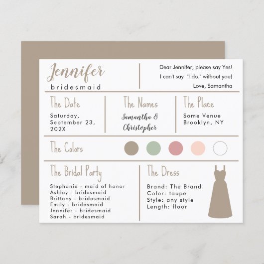 Taupe Dress Color Bridesmaid Information Card (Vorne/Hinten)