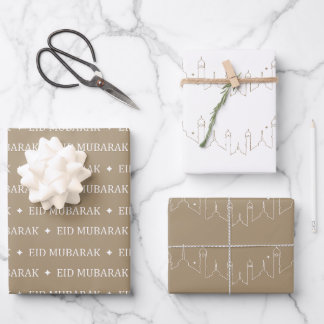 Taupe Eid Mubarak Masjid Muster Design Geschenkpapier Set