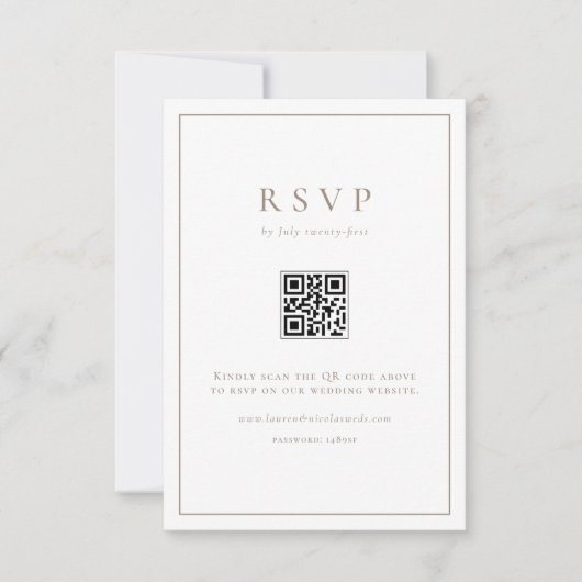 Taupe einfache Typografie QR Code Formal Hochzeit RSVP Karte (Vorderseite)