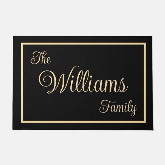 Taupe Elegant Script Familienname Willkommensgesch Fußmatte (Vorderseite)