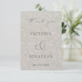 Taupe Elegante Script Foto Wedding Dankeskarte (Stehend Vorderseite)
