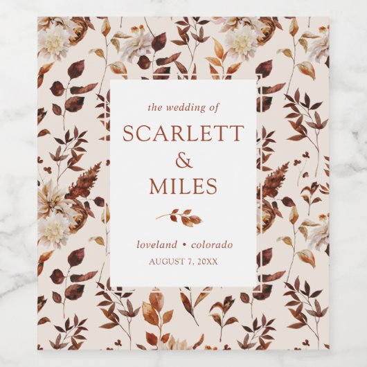 Taupe Fall Terracotta Foliage Gastgeschenk Hochzei Weinetikett (Einzelnes Label)