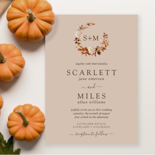 Taupe Fall Terracotta Monogram Wreath Wedding Einladung