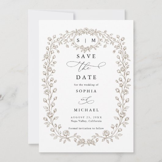 Taupe Floral Line Art Save The Date Invitation (Vorderseite)