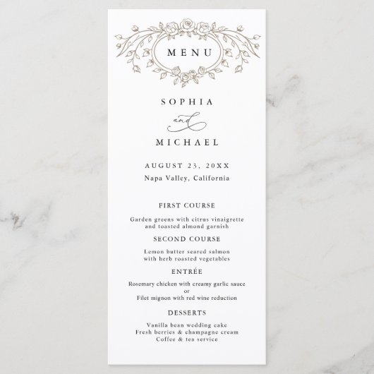 Taupe Floral Line Art Wedding Flat Menu Menükarte (Vorderseite)