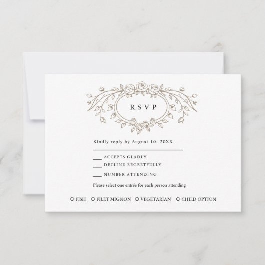 Taupe Floral Line Art Wedding Response Card RSVP Karte (Vorderseite)