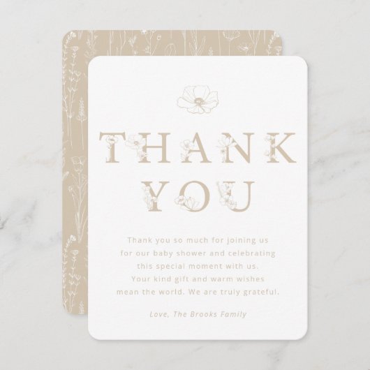 Taupe Floral Thank You Card | Baby Shower Dankeskarte (Vorne/Hinten)