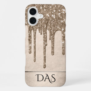 Taupe-Glitzer Champagne Gold Monogram iPhone 16 Plus Hülle