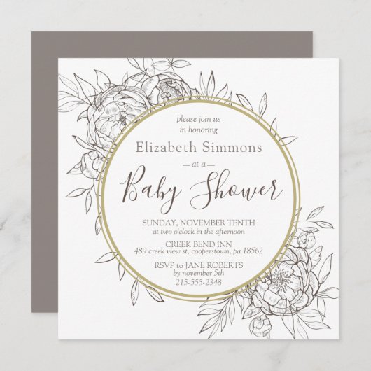 Taupe & Gold Peony Moderne Blumentoiletten Kinderd Einladung (Vorne/Hinten)