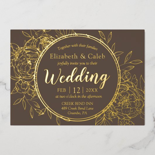 Taupe & Gold Peony Moderne Hochzeit Folieneinladung (Vorderseite)