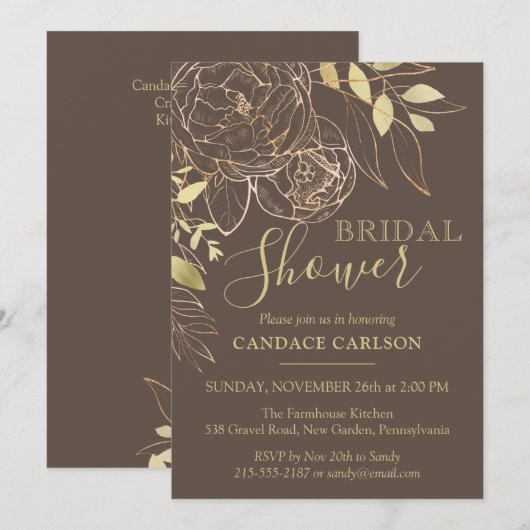 Taupe & Gold Peony Modernes Brautparty Einladung (Vorne/Hinten)